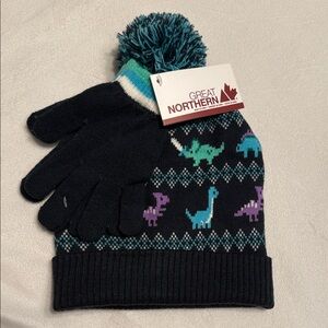 Kids Dinosaur Knit Hat and Gloves - Black and Teal